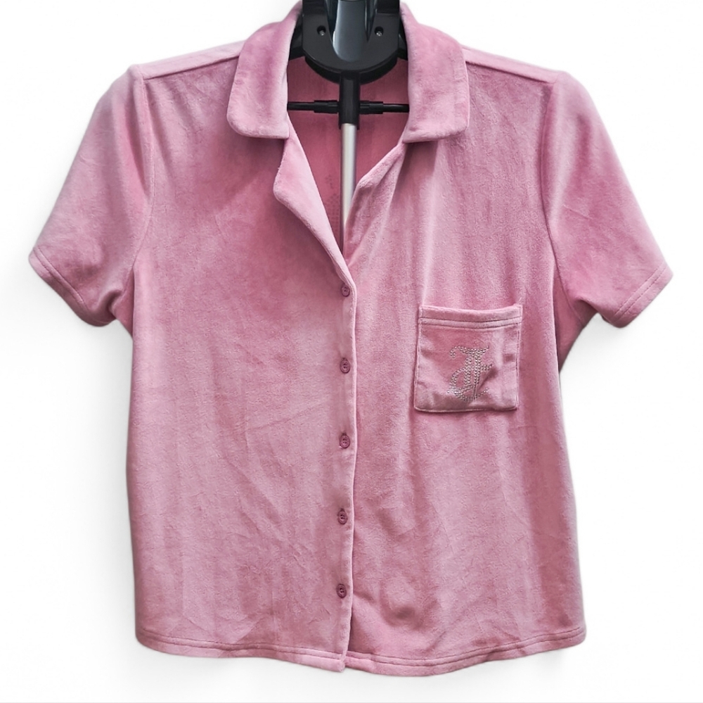 Juicy Couture Pink Velour Pajama Set Size Large 2-Piece Button Front Top & Short - Picture 6 of 8